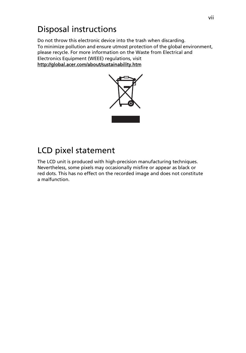 Disposal instructions, Lcd pixel statement | Acer V203HL User Manual | Page 7 / 28
