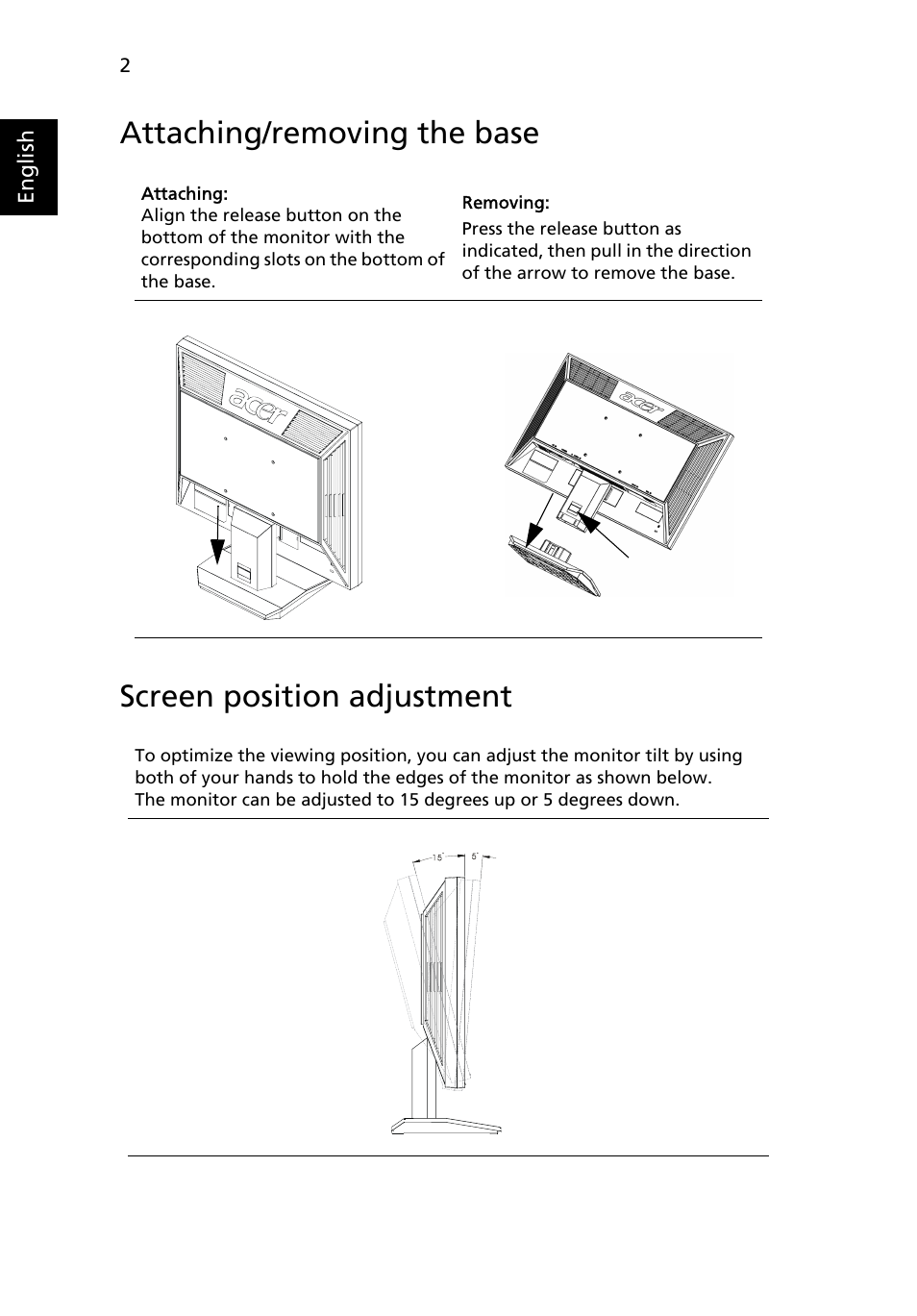 Attaching/removing the base, Screen position adjustment | Acer B193W User Manual | Page 16 / 28