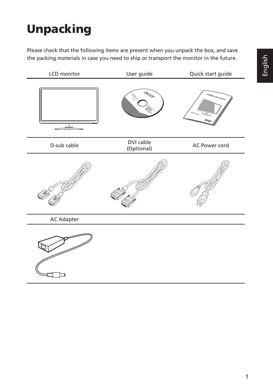 Unpacking, Connecting the adapter and ac power cord, English | Acer G193WL User Manual | Page 10 / 24