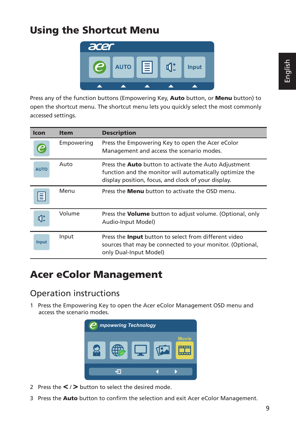 Using the shortcut menu, Acer ecolor management, Operation instructions | Features and benefits, Using the osd menus, Picture menu, English | Acer G193WL User Manual | Page 18 / 24