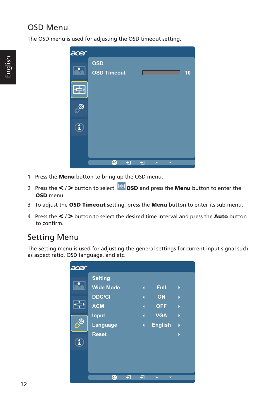 Osd menu, Setting menu, Oubleshooting | Vga mode, English | Acer G193WL User Manual | Page 21 / 24