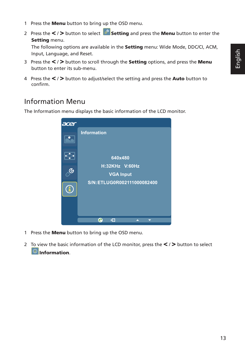 Information menu, Dvi mode (optional) | Acer G193WL User Manual | Page 22 / 24