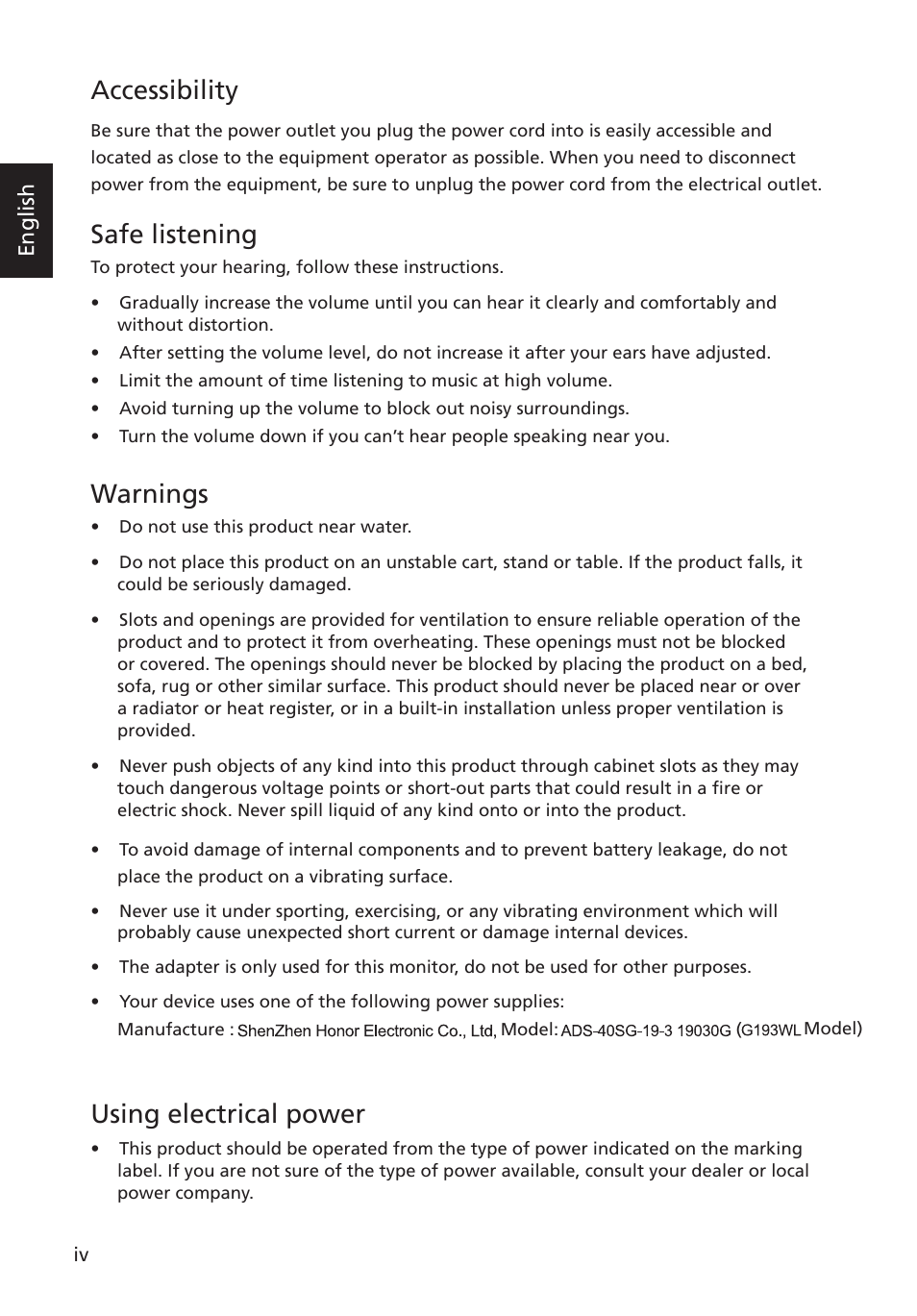 Accessibility, Safe listening, Warnings | Using electrical power, English | Acer G193WL User Manual | Page 4 / 24