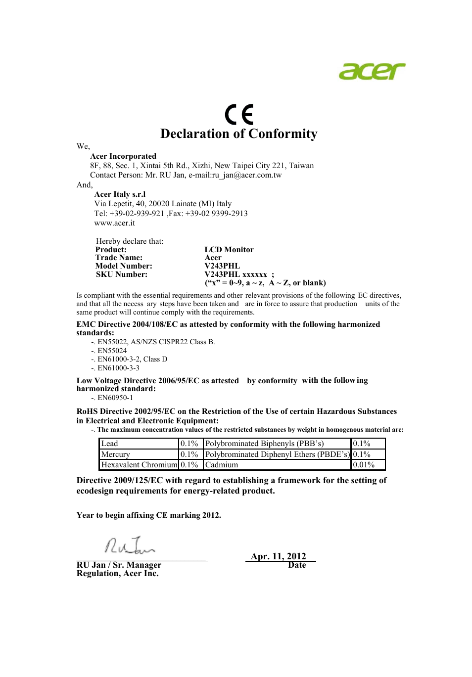 Declaration of conformity | Acer V243PHL User Manual | Page 10 / 26