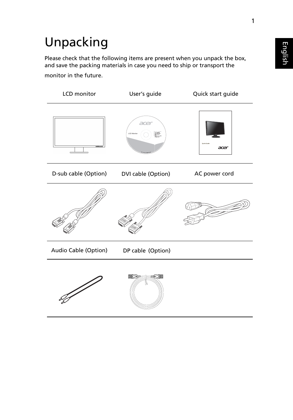 Unpacking | Acer V243PHL User Manual | Page 13 / 26