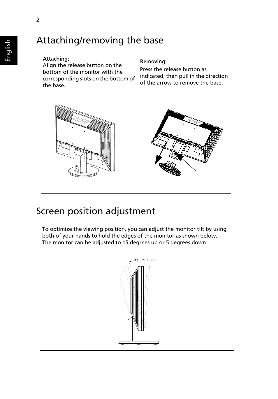 Attaching/removing the base, Screen position adjustment | Acer V243PHL User Manual | Page 14 / 26