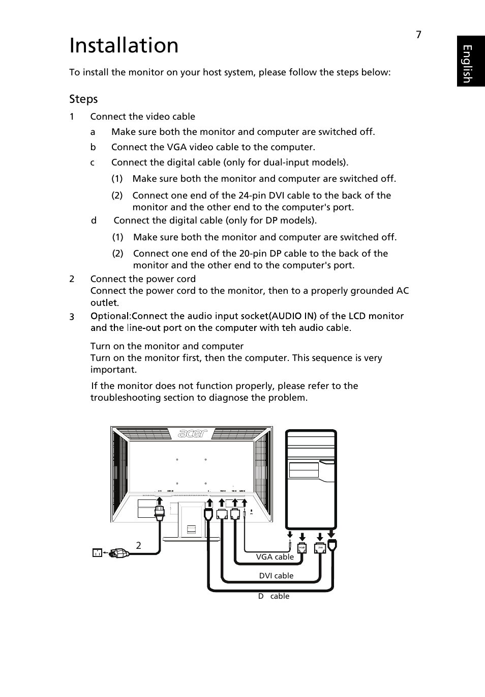 Installation, Eng lis h, Steps | Acer V243PHL User Manual | Page 19 / 26