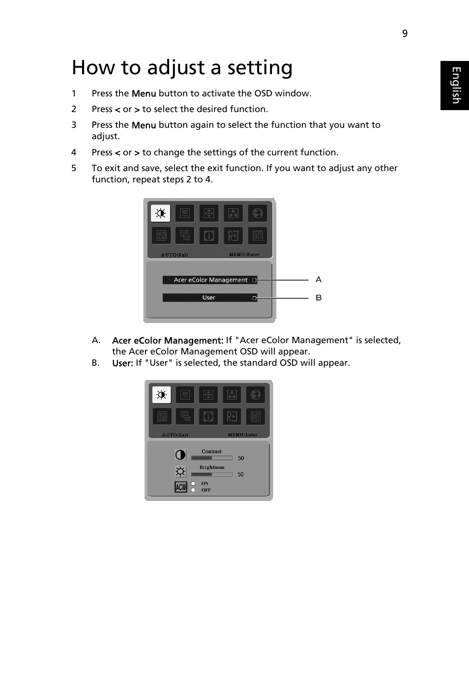 How to adjust a setting | Acer V243PHL User Manual | Page 21 / 26