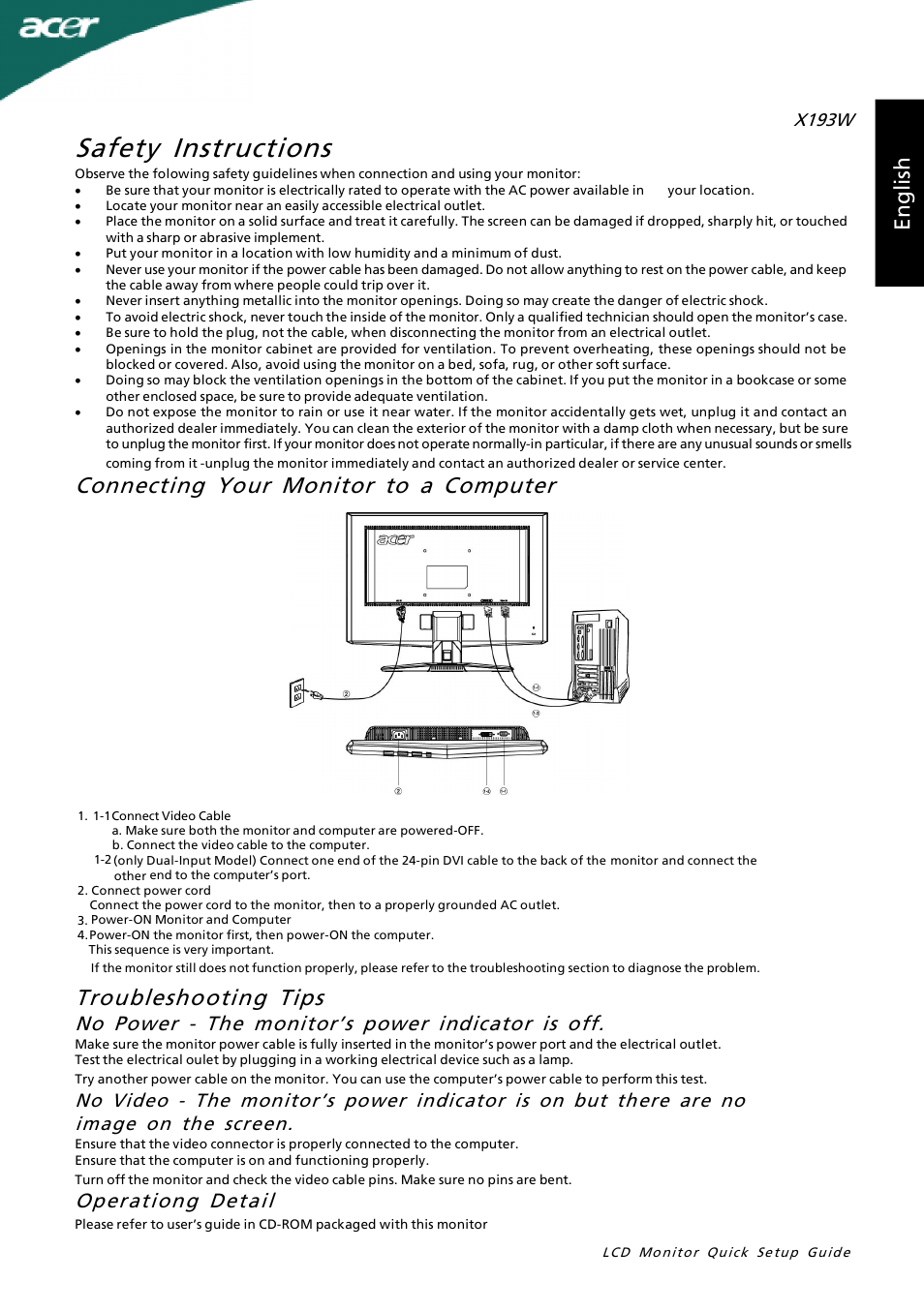 Acer X193W User Manual | 3 pages