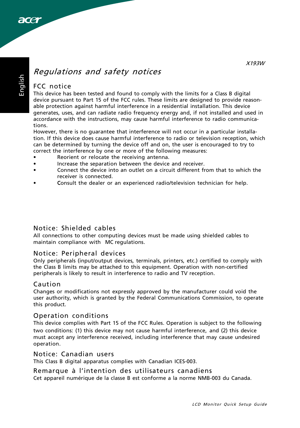 Regulations and safety notices | Acer X193W User Manual | Page 2 / 3