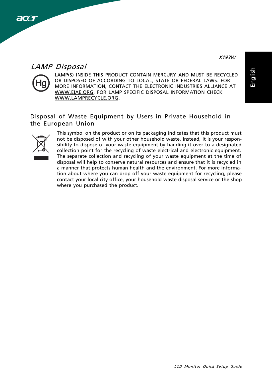 Lamp disposal | Acer X193W User Manual | Page 3 / 3