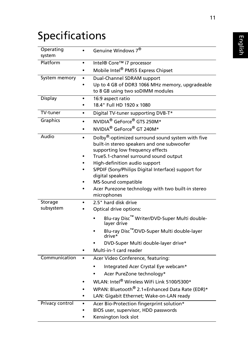 Specifications | Acer Aspire 8940G User Manual | Page 11 / 20