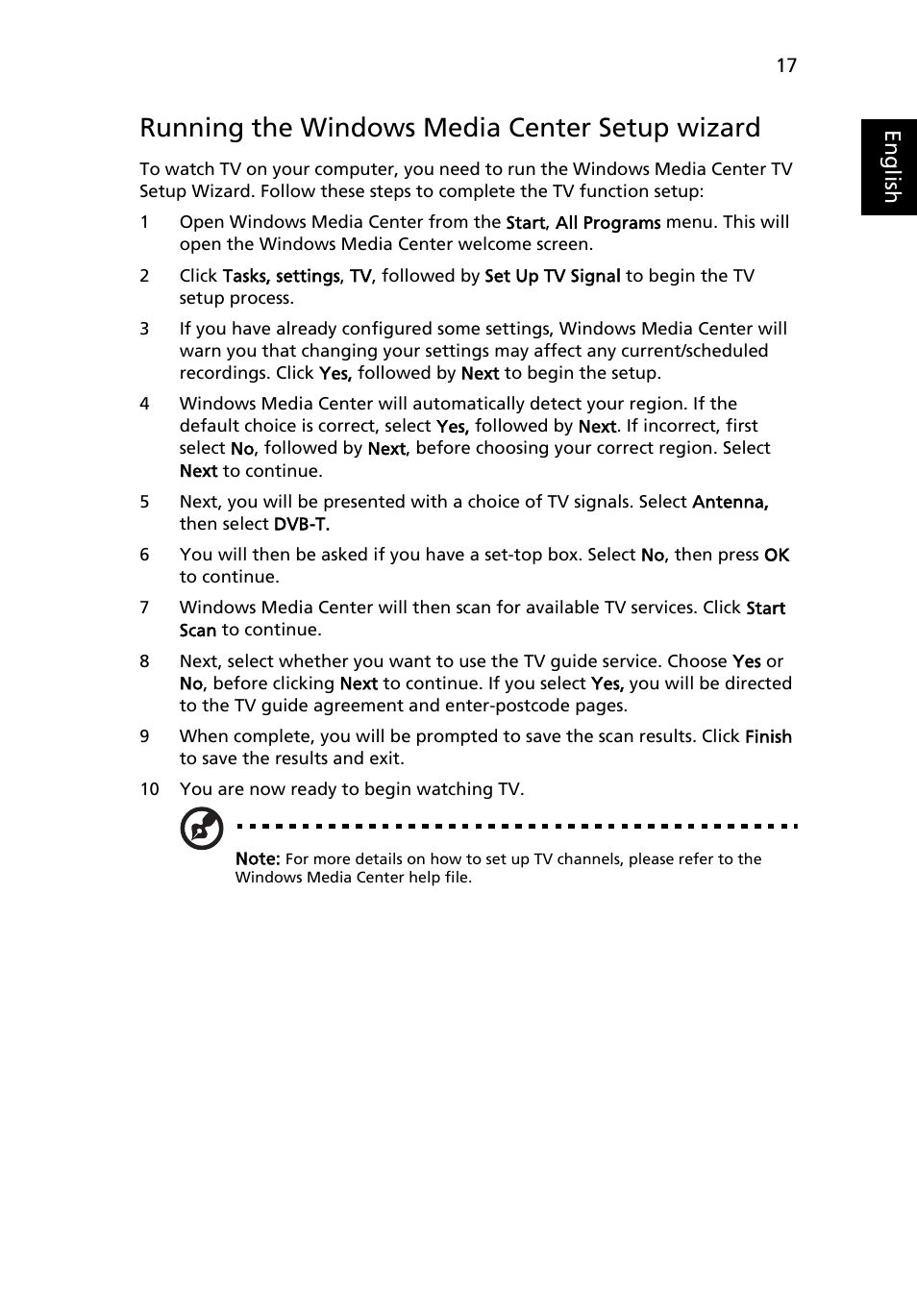 Running the windows media center setup wizard | Acer Aspire 8940G User Manual | Page 17 / 20