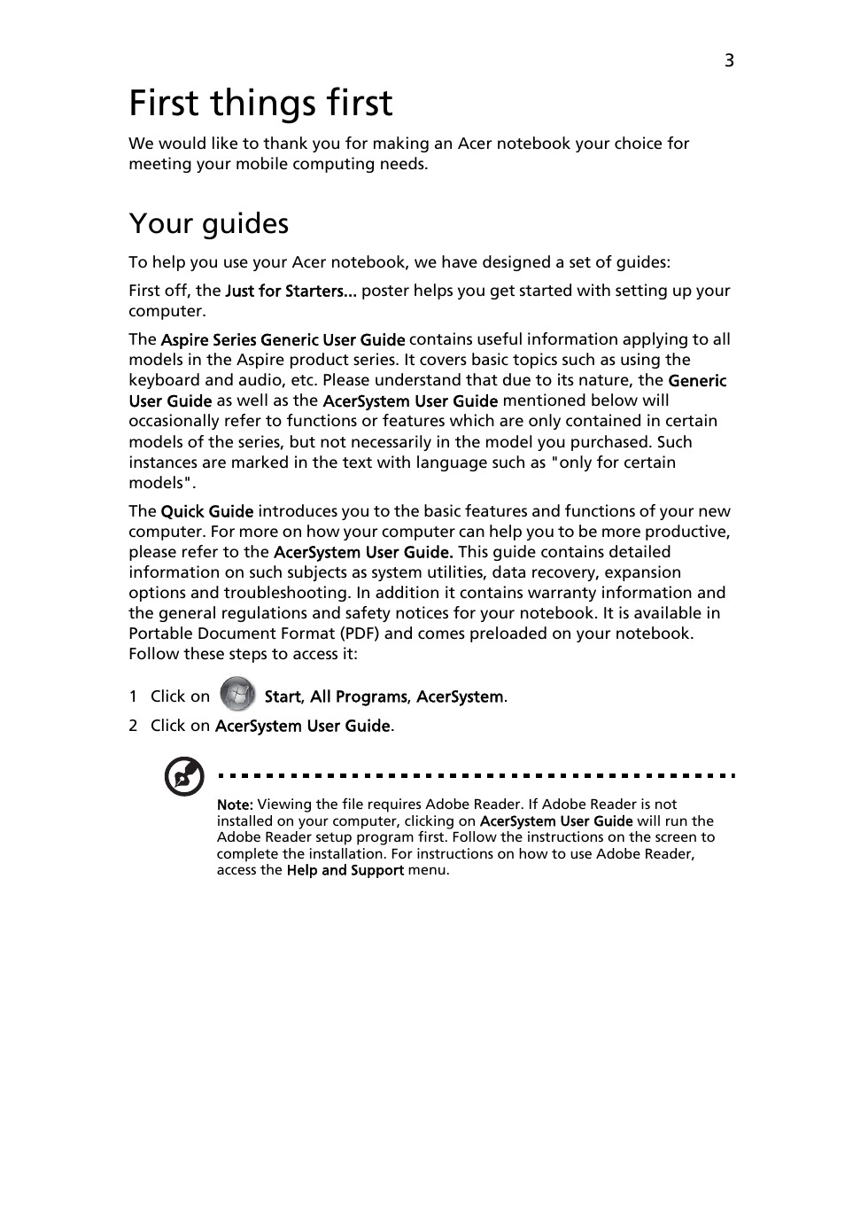 First things first, Your guides | Acer Aspire 8940G User Manual | Page 3 / 20