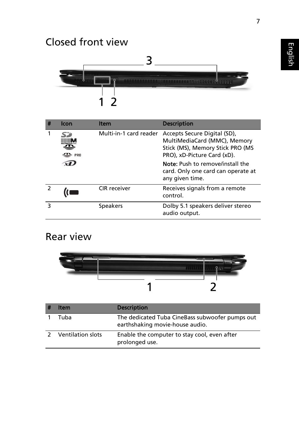 Closed front view, Rear view, Closed front view rear view | Acer Aspire 8940G User Manual | Page 7 / 20