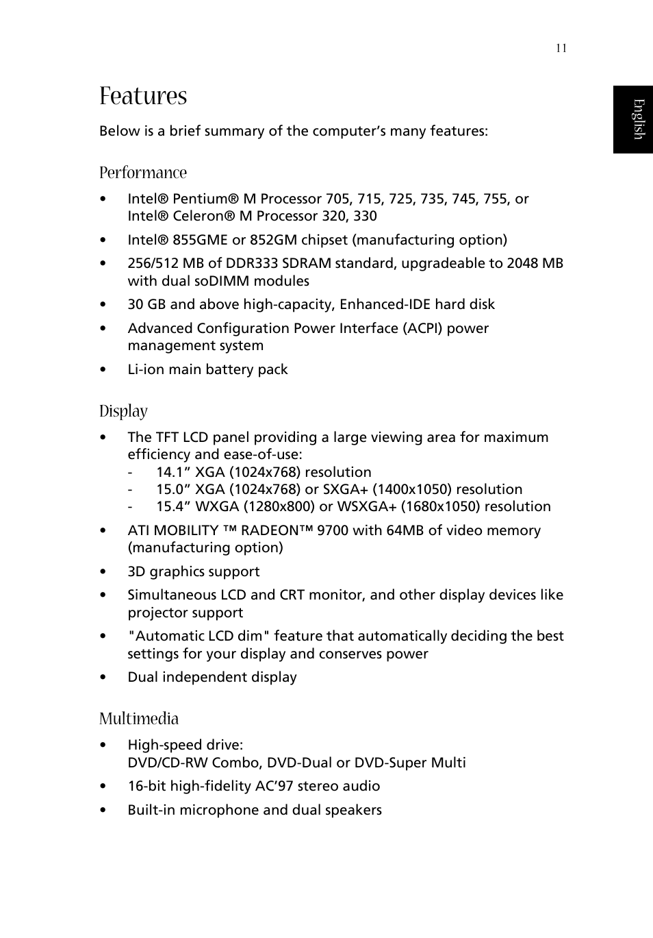 Features, Performance, Display | Multimedia | Acer Aspire 1680 User Manual | Page 19 / 101