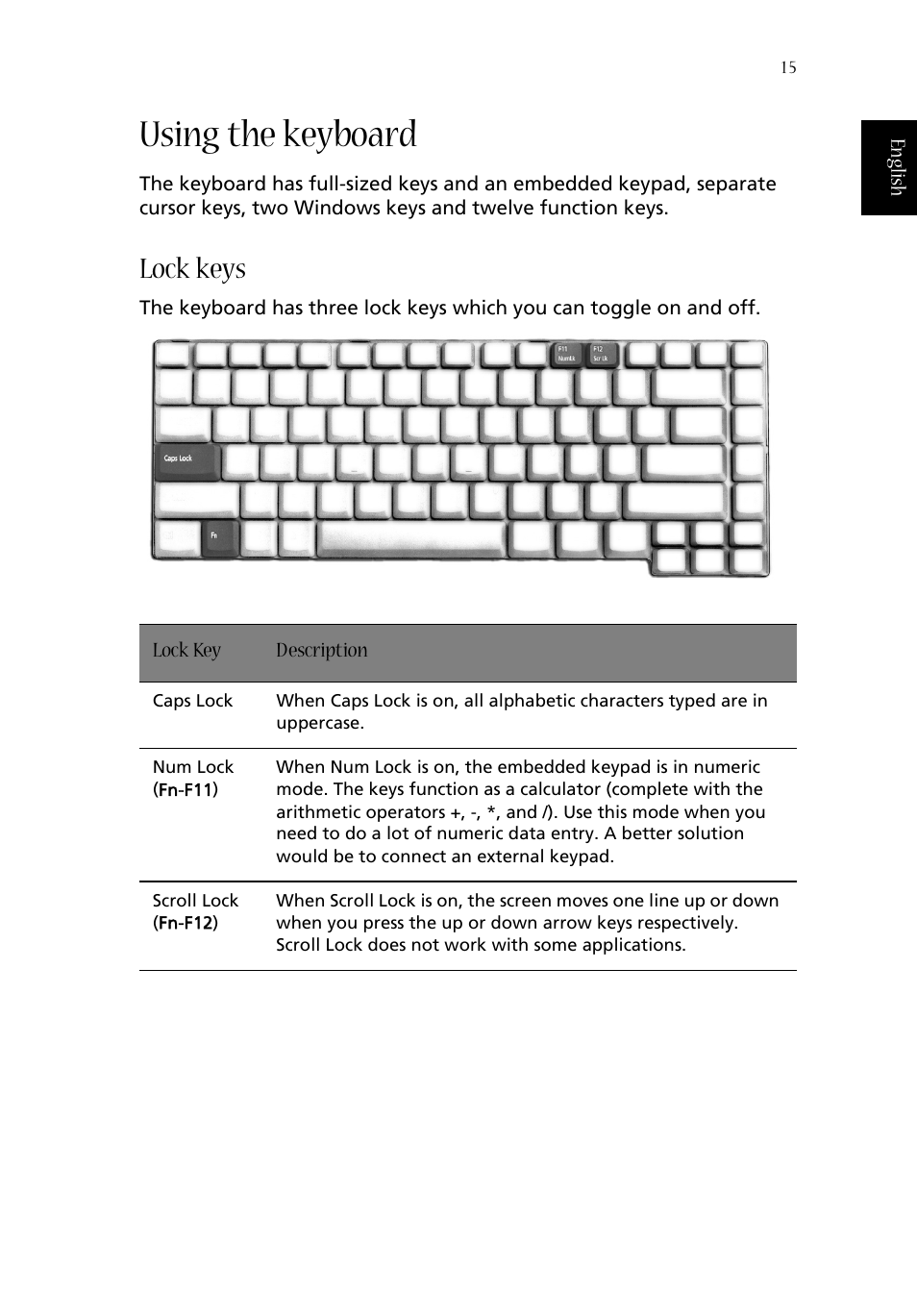 Using the keyboard, Lock keys | Acer Aspire 1680 User Manual | Page 23 / 101