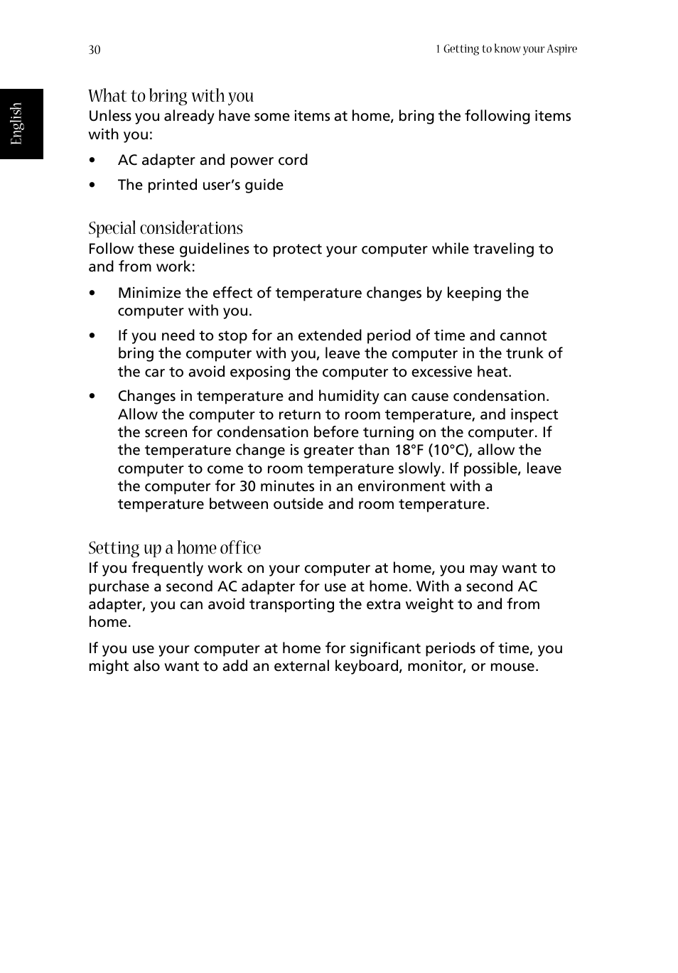 What to bring with you, Special considerations, Setting up a home office | Acer Aspire 1680 User Manual | Page 38 / 101