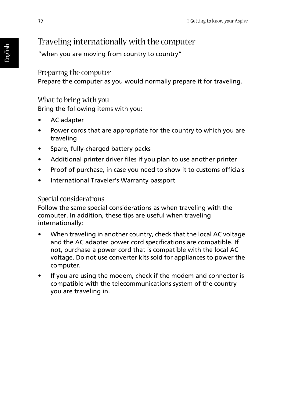 Traveling internationally with the computer, Preparing the computer, What to bring with you | Special considerations | Acer Aspire 1680 User Manual | Page 40 / 101