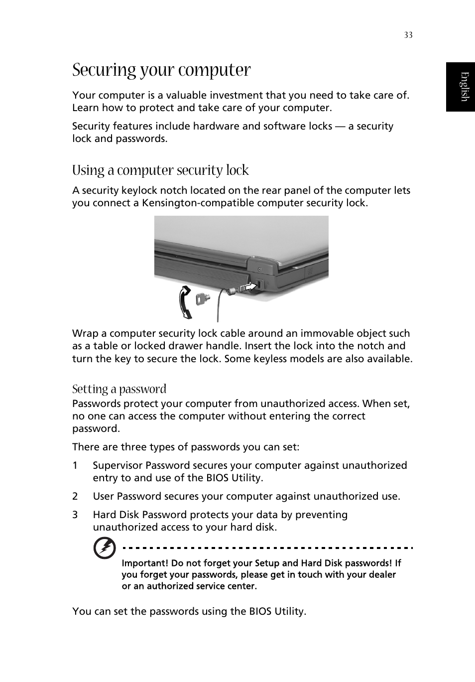 Securing your computer, Using a computer security lock, Setting a password | Acer Aspire 1680 User Manual | Page 41 / 101