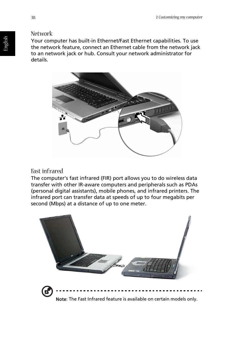 Network, Fast infrared | Acer Aspire 1680 User Manual | Page 46 / 101