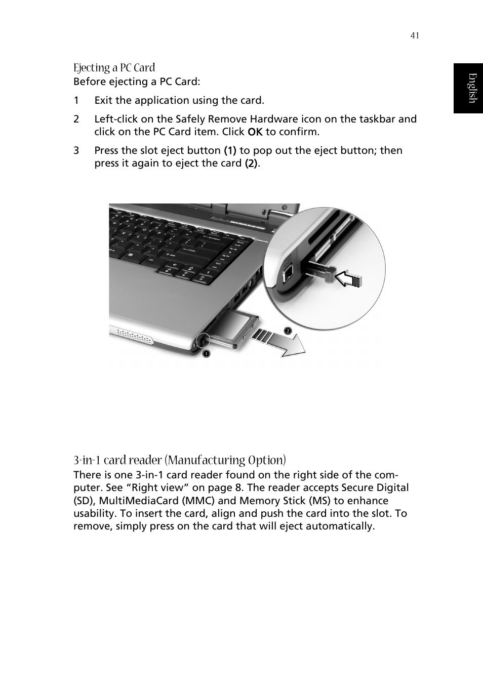 In-1 card reader (manufacturing option), Ejecting a pc card | Acer Aspire 1680 User Manual | Page 49 / 101