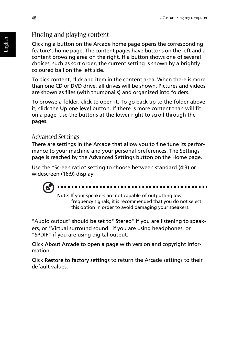 Finding and playing content, Advanced settings | Acer Aspire 1680 User Manual | Page 56 / 101