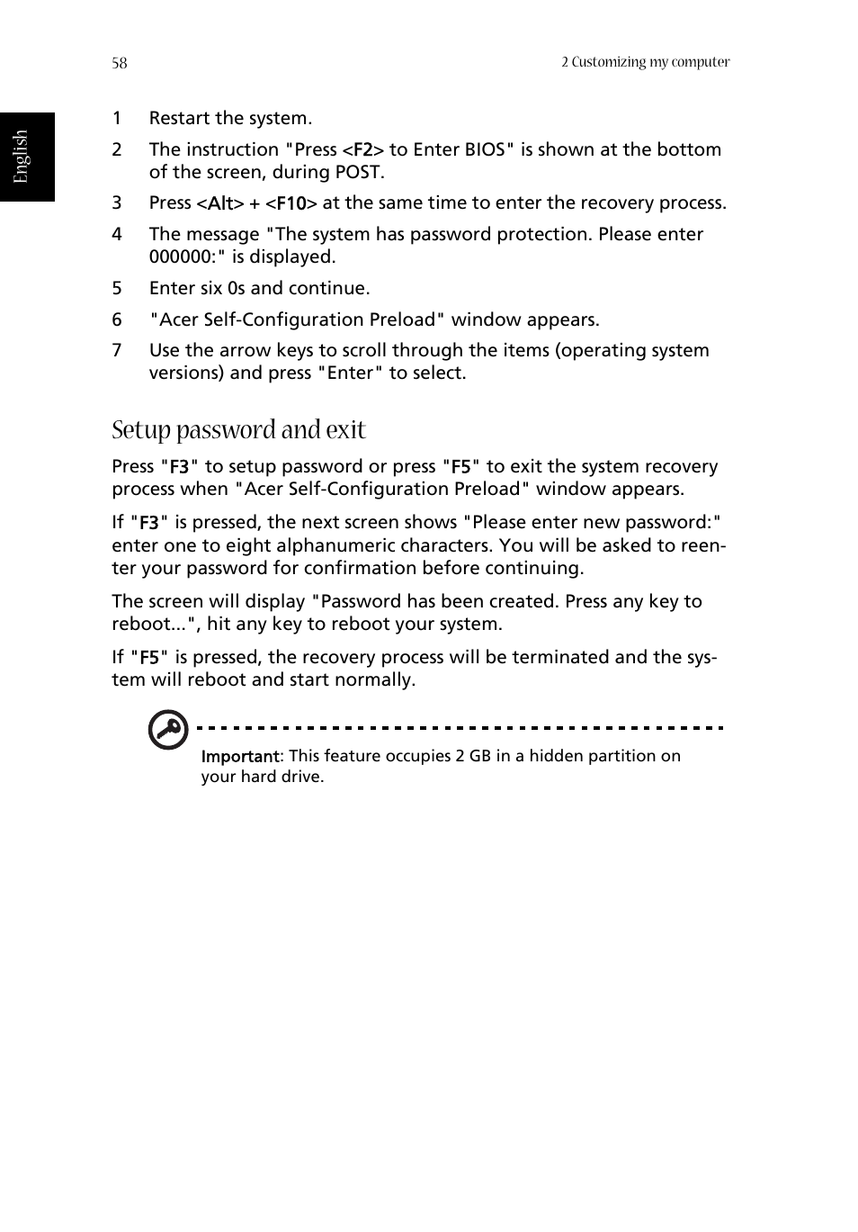 Setup password and exit | Acer Aspire 1680 User Manual | Page 66 / 101