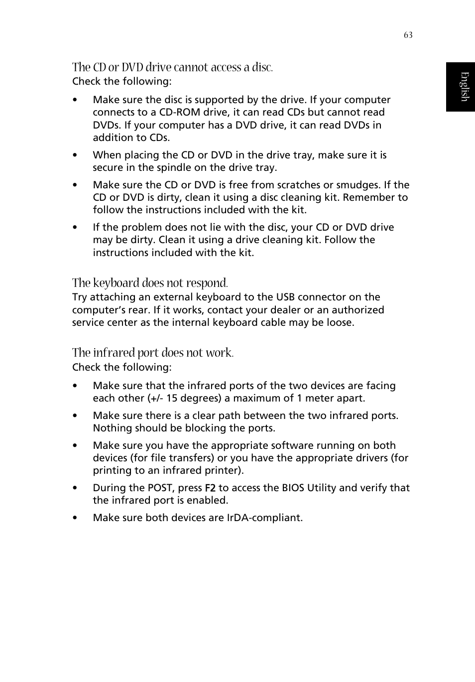 The cd or dvd drive cannot access a disc, The keyboard does not respond, The infrared port does not work | Acer Aspire 1680 User Manual | Page 71 / 101