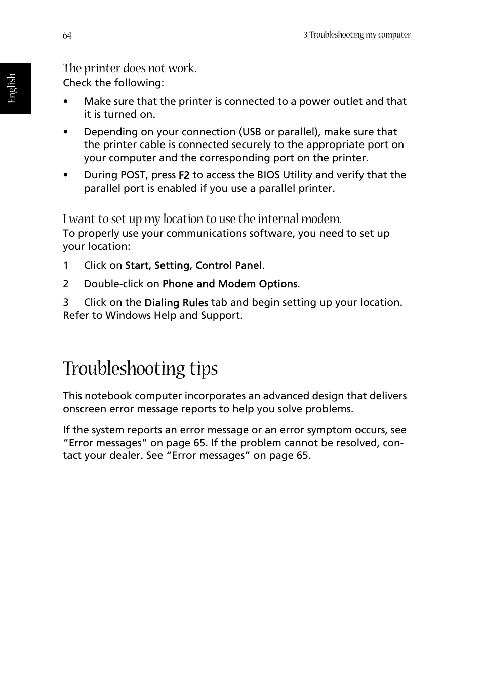 Troubleshooting tips, The printer does not work | Acer Aspire 1680 User Manual | Page 72 / 101