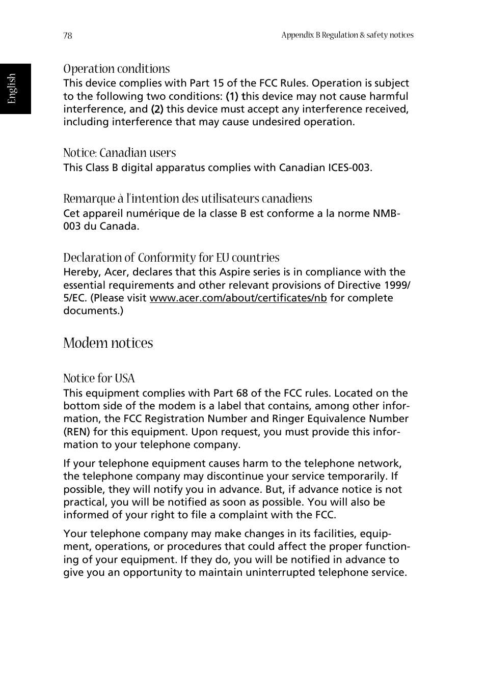 Modem notices, Operation conditions, Notice: canadian users | Remarque à l’intention des utilisateurs canadiens, Declaration of conformity for eu countries, Notice for usa | Acer Aspire 1680 User Manual | Page 86 / 101