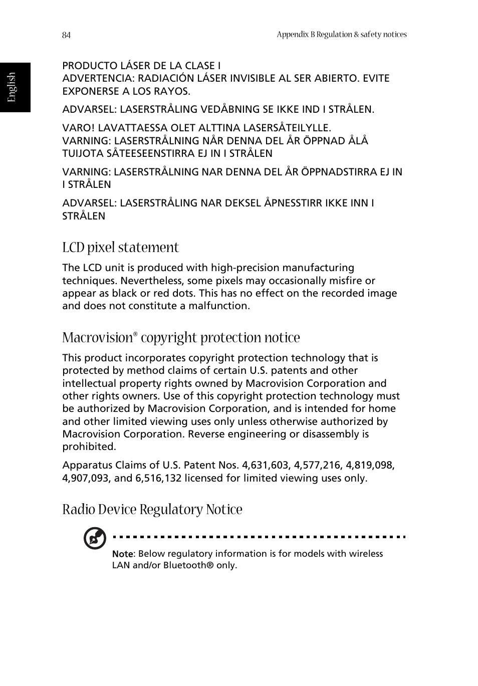 Lcd pixel statement, Macrovision® copyright protection notice, Radio device regulatory notice | Acer Aspire 1680 User Manual | Page 92 / 101