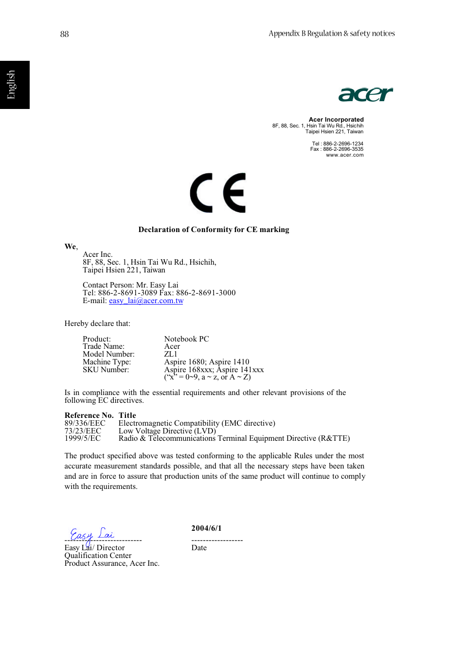 English | Acer Aspire 1680 User Manual | Page 96 / 101