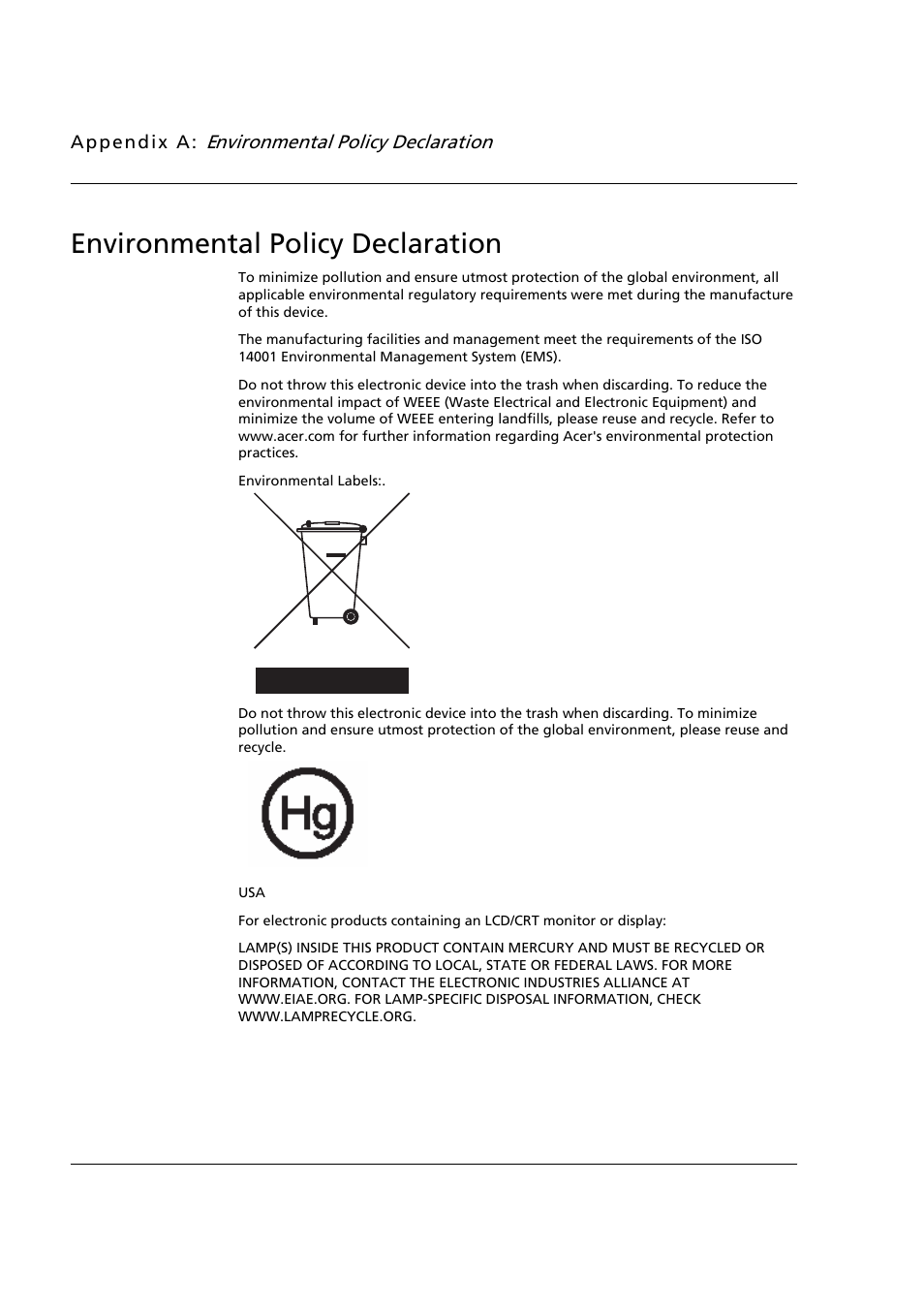 Environmental policy declaration, Appendix a | Acer Aspire E500 User Manual | Page 19 / 19