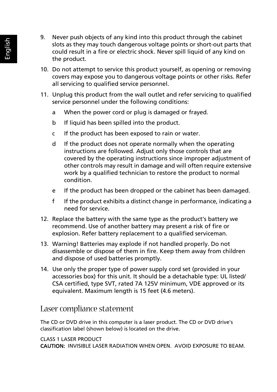 Laser compliance statement | Acer Aspire E500 User Manual | Page 4 / 19