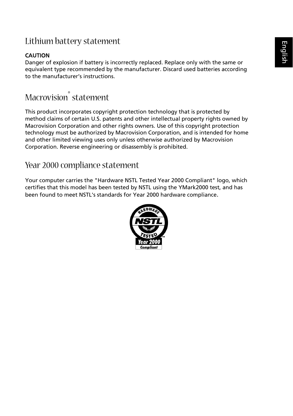 Lithium battery statement, Macrovision® statement, Year 2000 compliance statement | Macrovision, Statement | Acer Aspire E500 User Manual | Page 5 / 19