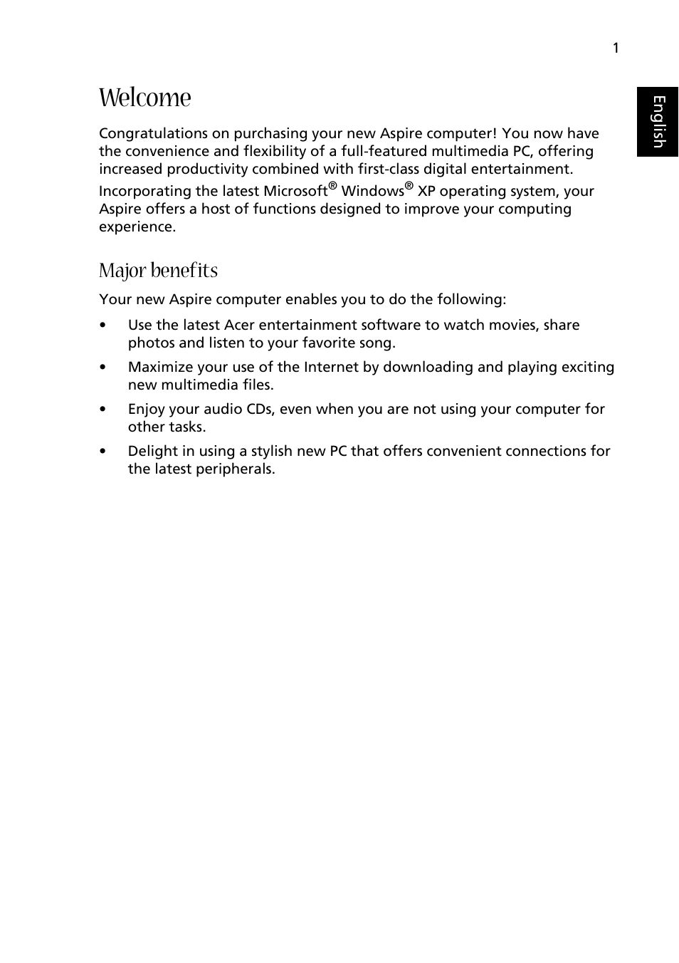 Welcome, Major benefits | Acer Aspire E500 User Manual | Page 7 / 19
