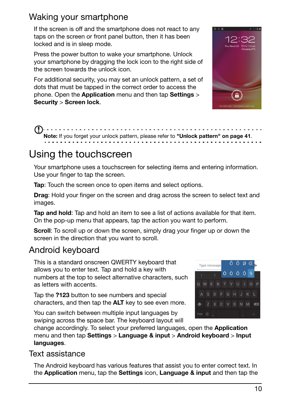 Waking your smartphone, Using the touchscreen, Android keyboard | Text assistance | Acer Liquid Glow User Manual | Page 10 / 60