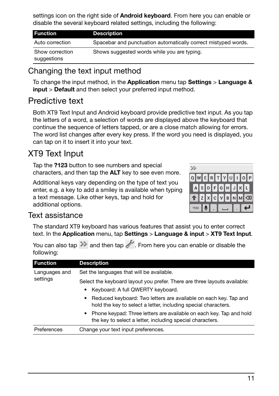 Predictive text, Xt9 text input, Changing the text input method | Text assistance | Acer Liquid Glow User Manual | Page 11 / 60