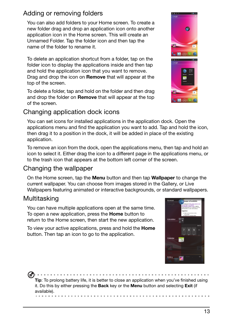 Adding or removing folders, Changing application dock icons, Changing the wallpaper | Multitasking | Acer Liquid Glow User Manual | Page 13 / 60