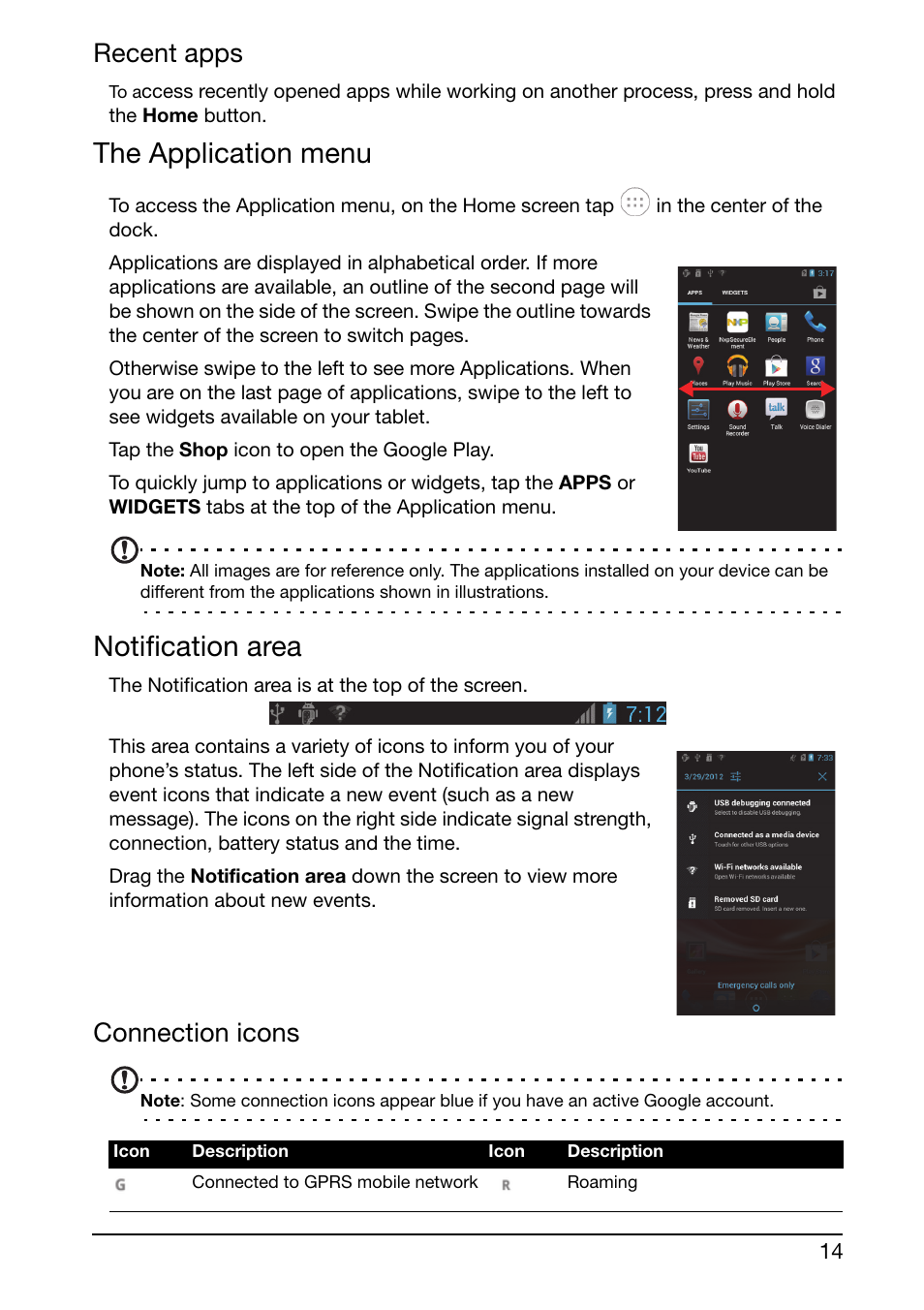 The application menu, Notification area, Recent apps | Connection icons | Acer Liquid Glow User Manual | Page 14 / 60