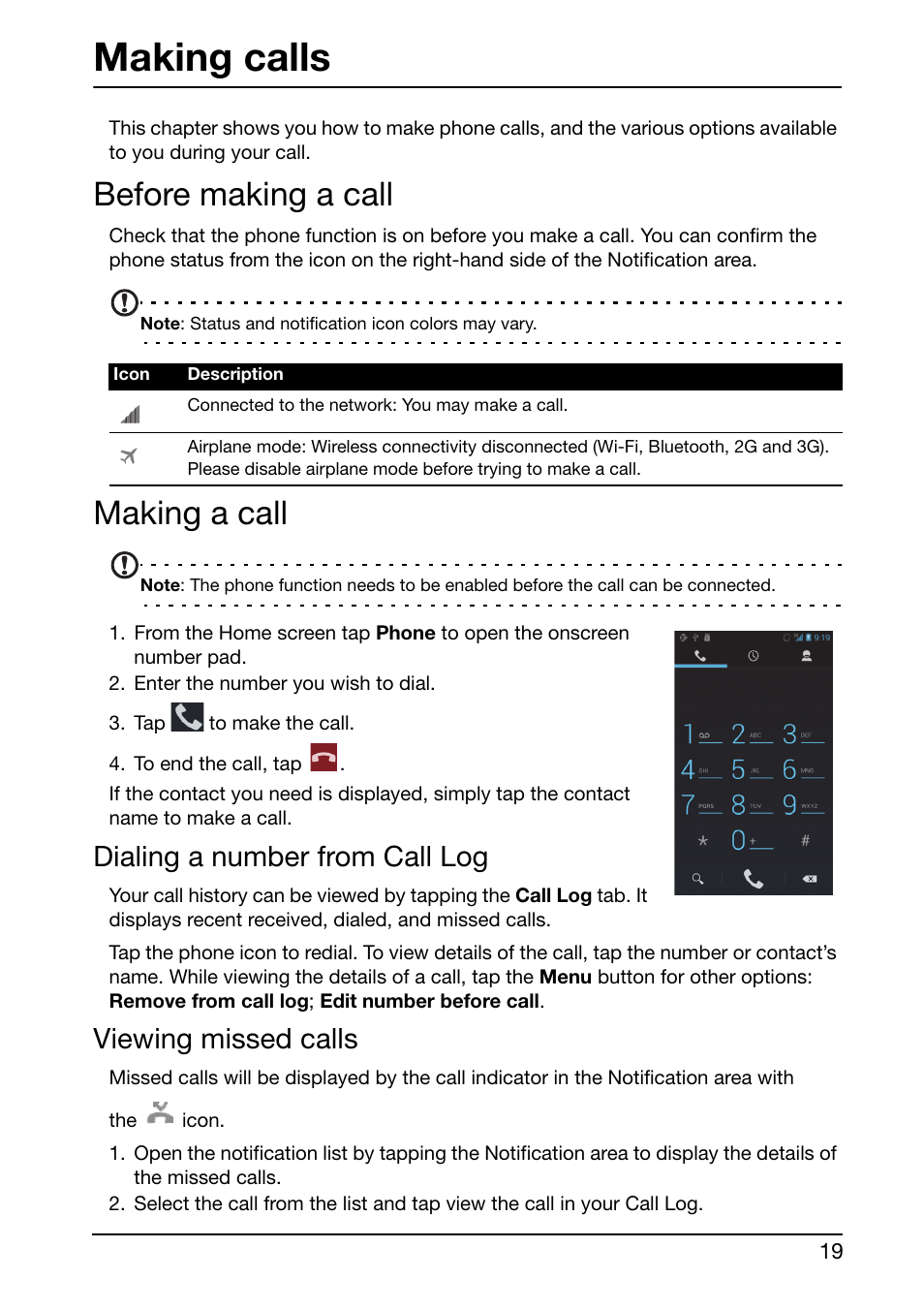 Making calls, Before making a call, Making a call | Dialing a number from call log, Viewing missed calls, Before making a call making a call | Acer Liquid Glow User Manual | Page 19 / 60