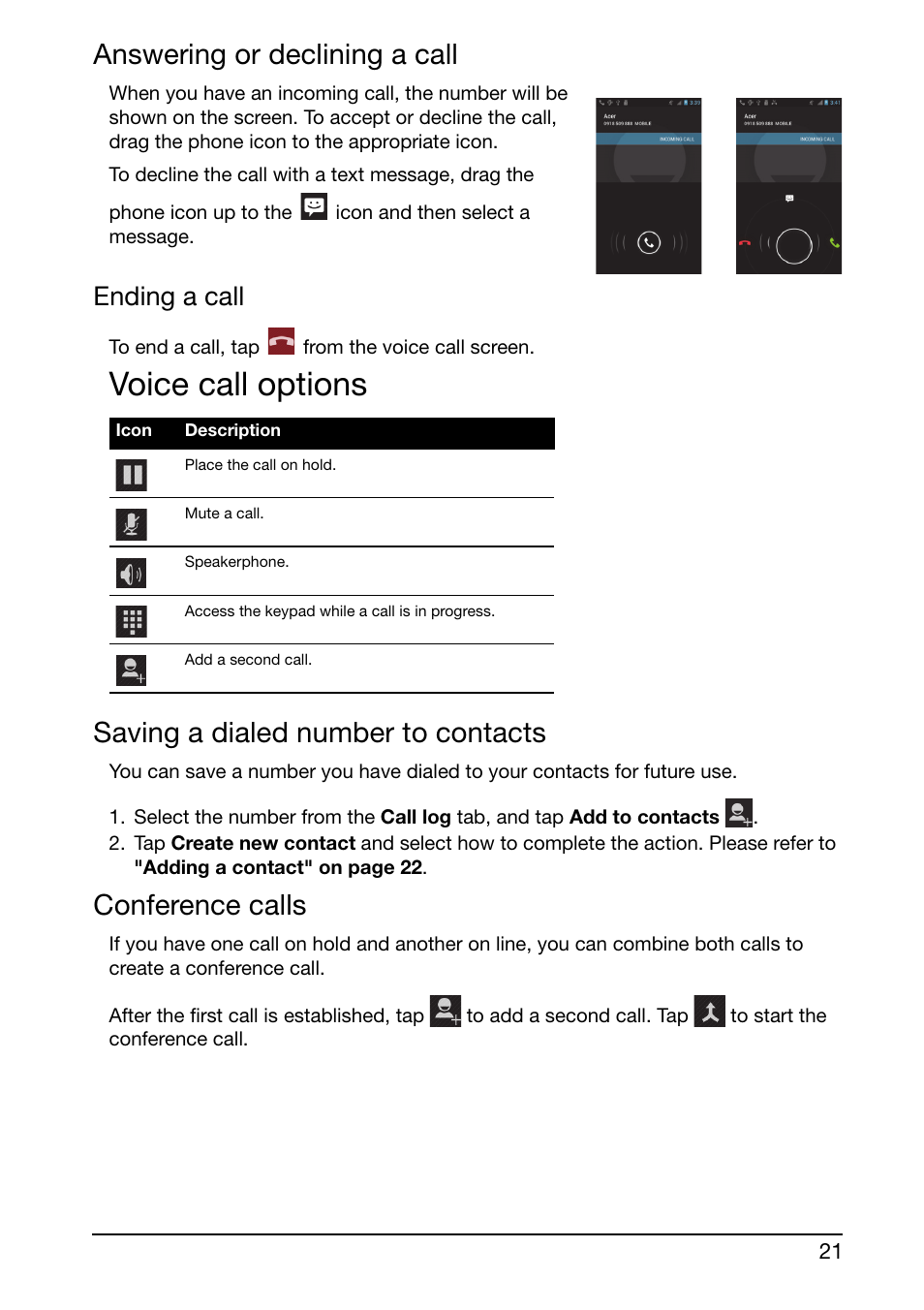 Answering or declining a call, Saving a dialed number to contacts, Conference calls | Voice call options, Ending a call | Acer Liquid Glow User Manual | Page 21 / 60