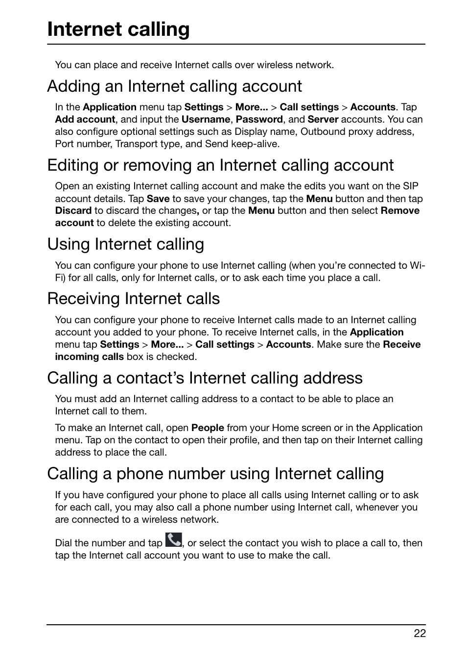 Internet calling, Adding an internet calling account, Editing or removing an internet calling account | Using internet calling, Receiving internet calls, Calling a contact’s internet calling address, Calling a phone number using internet calling | Acer Liquid Glow User Manual | Page 22 / 60