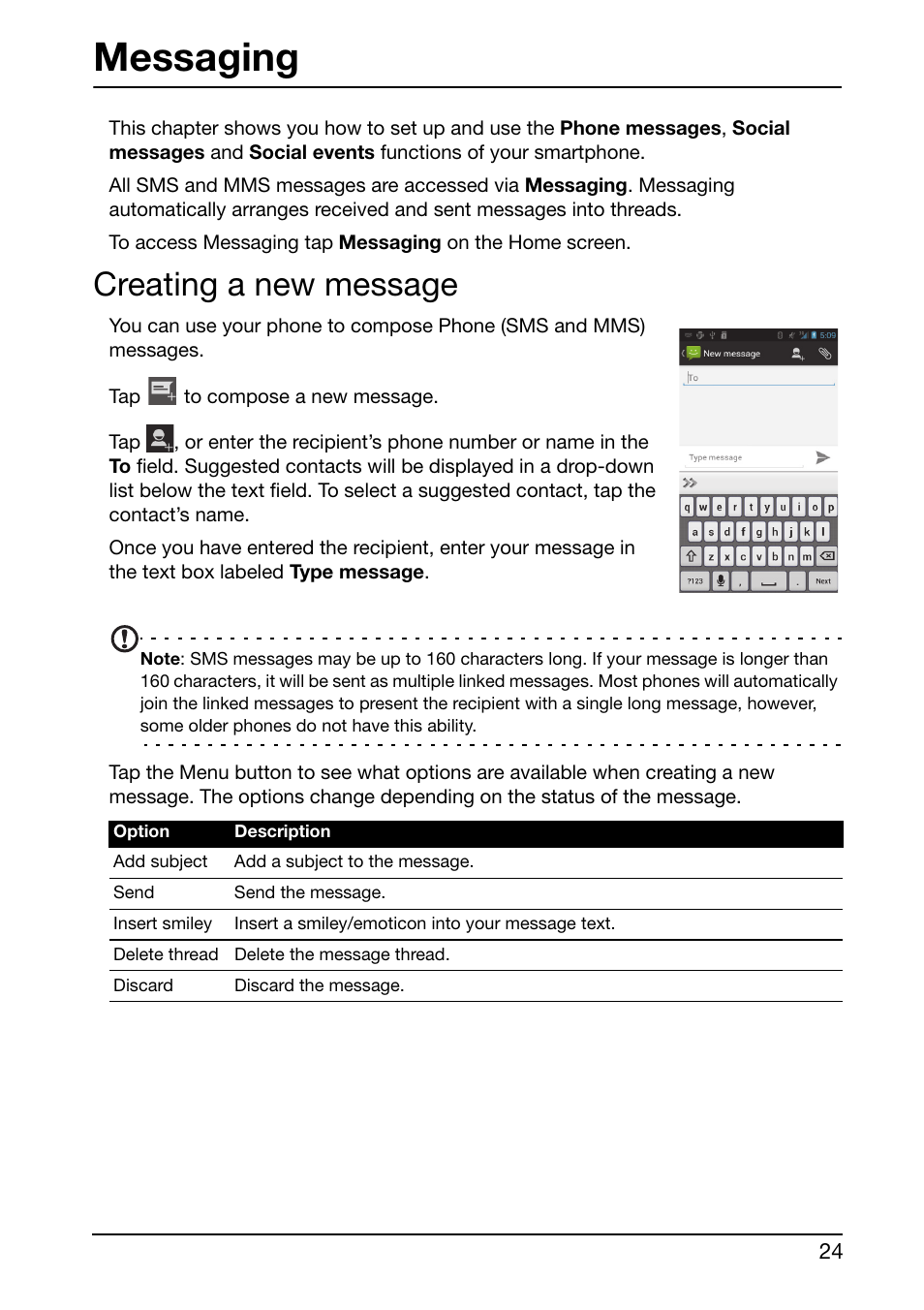 Messaging, Creating a new message | Acer Liquid Glow User Manual | Page 24 / 60