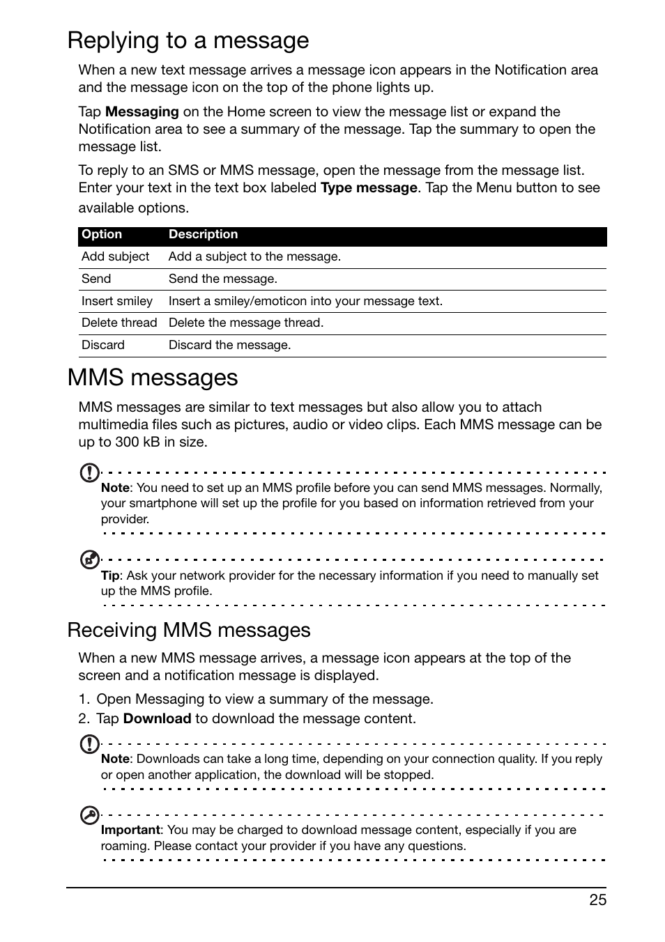 Replying to a message, Mms messages, Receiving mms messages | Replying to a message mms messages | Acer Liquid Glow User Manual | Page 25 / 60