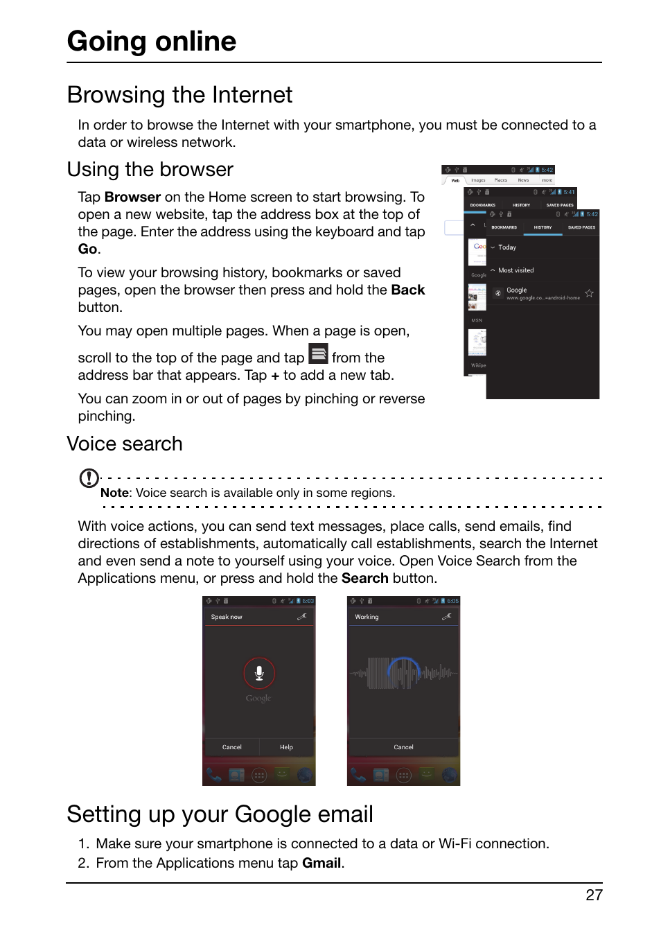 Going online, Browsing the internet, Using the browser | Voice search, Setting up your google email, Browsing the internet setting up your google email | Acer Liquid Glow User Manual | Page 27 / 60