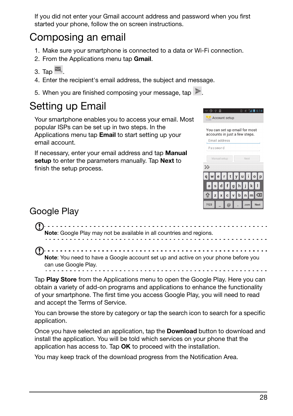 Composing an email, Setting up email, Google play | Composing an email setting up email | Acer Liquid Glow User Manual | Page 28 / 60