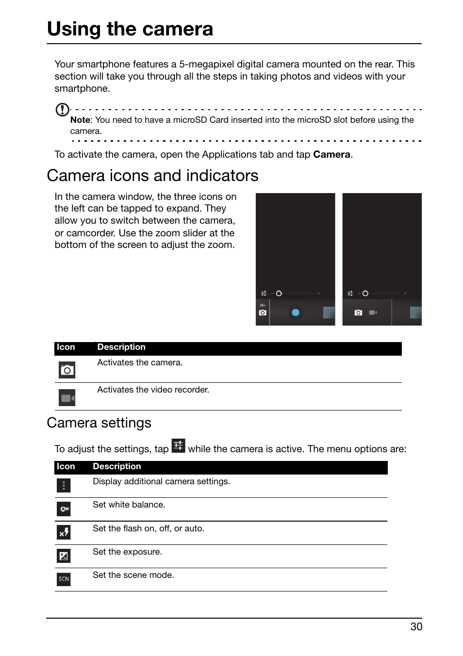 Using the camera, Camera icons and indicators, Camera settings | Acer Liquid Glow User Manual | Page 30 / 60