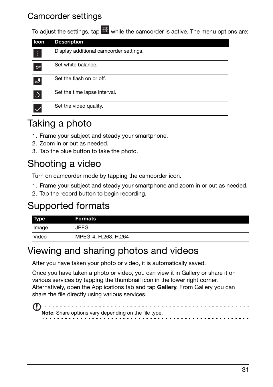 Camcorder settings, Taking a photo, Shooting a video | Supported formats, Viewing and sharing photos and videos | Acer Liquid Glow User Manual | Page 31 / 60